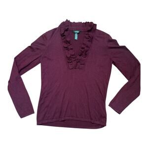 Ralph Lauren Burgundy Silk Blend Ruffle Neckline Sweater Size L